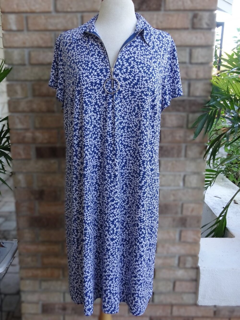 MSK Blue Vine Print O-Ring Quarter Zip Shift Dress - Size 1X